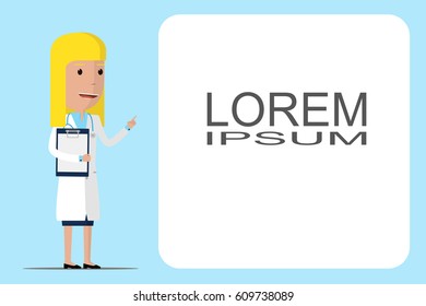 Doctor woman holding a clipboard near place for text. flat vector illustration