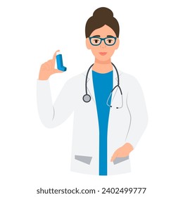 A  doctor woman holds an inhaler in his hands.  World Asthma Day.Inhalation drug. Vector illustration isolated on white background