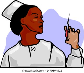 Doctor woman looking at a syringe. The doctor is ready to do an injection to the patient.