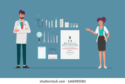 Doctor woman and man doctor character with treatment equipment tools. Hospital people working character.