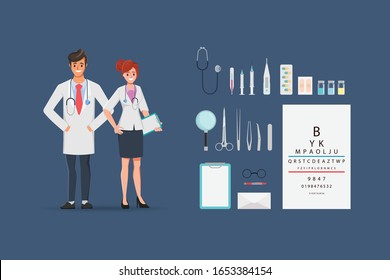 Doctor woman and man doctor character with treatment equipment tools. Hospital people working character.