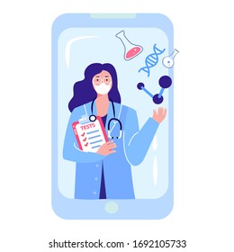 Doctor Woman in Medical Face Mask with Tests Analysis.Telephone Digital Navigation.Online Help Service.Smartphone Hospital Treatment,Cure,Therapy.Laboratory, Atom Molecule DNA.Flat vector illustration