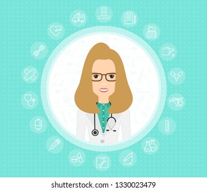 Doctor woman in medical gown with stethoscope. Cute cartoon doctor character. Vector illustration. EPS10