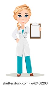 Doctor woman in medical gown with stethoscope. Cute cartoon doctor character. Vector illustration. EPS10