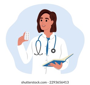 Doctor woman with medicine. A female doctor writes a prescription.