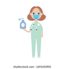doctor woman with mouthmask and holding a antibacterial gel bottle over white background, flat style, vector illustration