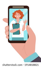 Doctor woman on the smartphone screen. Online doctor appointment. Vector illustration isolated on white. 