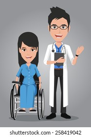 Doctor and Woman on wheelchair. Vector illustration on the background 
