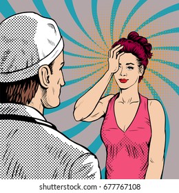 Doctor with woman patient at the reception. Women have poor health. Headache. Retro style, pop art.
