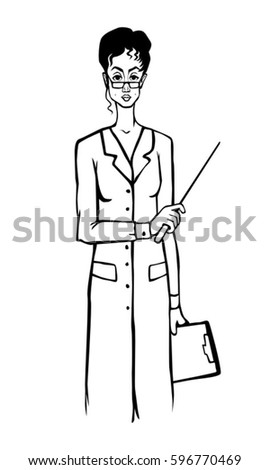 Doctor. Woman with the pointer in right hand and paper holder pad in the other hand. Vector illustration isolated on white background