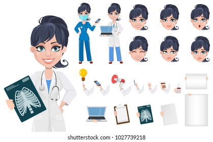 Doctor woman, professional medical staff, pack of body parts and emotions. Beautiful cartoon character medic creation set. Vector illustration