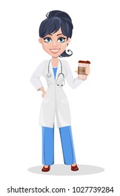 Doctor woman, professional medical staff. Beautiful cartoon character medic holding a cup of coffee. Vector illustration