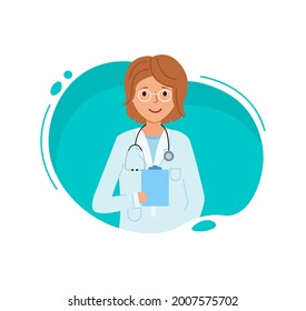 Doctor is woman, reading prescription. Doctor in green bubble on white background. Vector illustration medic in flat style. Therapist  with glasses On neck of a stethoscope.