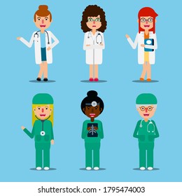 Doctor woman set. Medic or nurse female team in professional uniform. Health care system - hospital, clinic, medical center. The profession of a doctor. Young girl medical intern in practice. Vector.