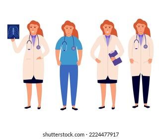 Doctor woman set  in uniform. Female doctor.Healthcare service.Medic worker or practitioner.Vector flat illustration.