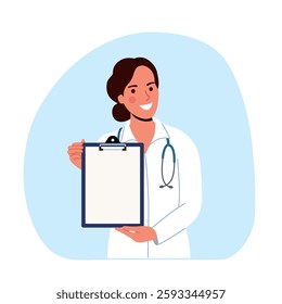  Doctor woman showing clipboard in hands and advices use this copy space.. Vector flat style cartoon illustration
