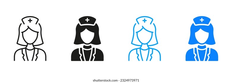 Doctor Woman Silhouette and Line Icons Set. Physician Specialist, Orthodontist, Endodontist Pictogram Collection. Female Dentist Symbol. Dental Surgeon Sign. Isolated Vector Illustration.