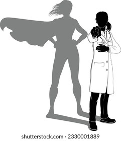 A doctor woman in silhouette pointing with her finger in a Needs You gesture. Revealed as a super hero by her shadow.