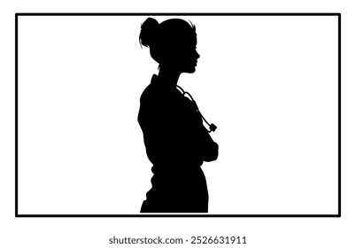 A doctor woman in silhouette standing in a confident pose, Silhouette of Woman Doctor.