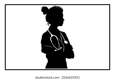 A doctor woman in silhouette standing in a confident pose, Silhouette of Woman Doctor.