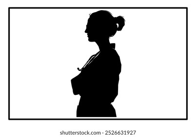 A doctor woman in silhouette standing in a confident pose, Silhouette of Woman Doctor.