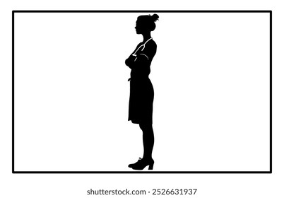 A doctor woman in silhouette standing in a confident pose, Silhouette of Woman Doctor.