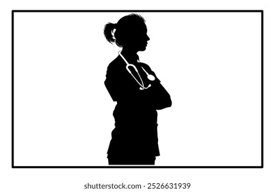 A doctor woman in silhouette standing in a confident pose, Silhouette of Woman Doctor.