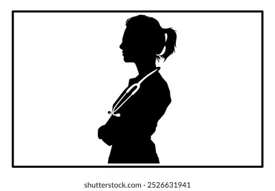 A doctor woman in silhouette standing in a confident pose, Silhouette of Woman Doctor.