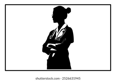 A doctor woman in silhouette standing in a confident pose, Silhouette of Woman Doctor.