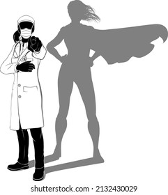 A doctor woman in silhouette wearing PPE mask and pointing with her finger in a Needs You gesture. Revealed as a super hero by her shadow.