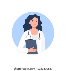 Doctor woman with stethoscope and folder. Medical worker avatar. Flat vector characters.