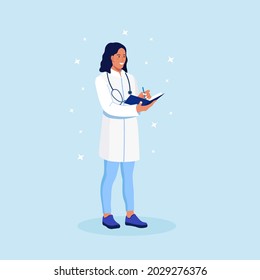 Doctor woman with stethoscope and folder for stories of patients in his hands. Physician in white gown. Practitioner or pediatrician, therapist or cardiologist. Vector illustration