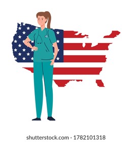 doctor woman with stethoscope and usa flag map design, Labor day holiday and patriotic theme Vector illustration
