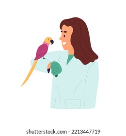 Doctor woman veterinarian examining a parrot. Tropical bird visit vet clinic. Pet healthcare concept. Flat graphic vector illustration isolated on white background