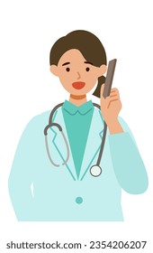 Doctora Mujer usando abrigos de laboratorio. Concepto de saludPersonaje de dibujos animados de mujeres. La gente se enfrenta a los avatares e iconos de los perfiles. Imagen de cierre de Woman usando smartphone. Ilustración plana vectorial.