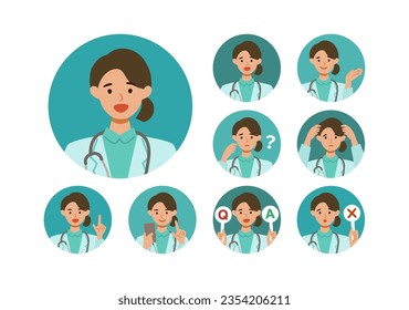 Doctora Mujer usando abrigos de laboratorio. Concepto de saludConjunto de colección de personajes de dibujos animados para mujeres. La gente se enfrenta a los avatares e iconos de los perfiles. Imagen cercana de una mujer sonriente. Ilustración plana vectorial.