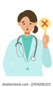 Doctor Woman wearing lab coats. Healthcare conceptWoman cartoon character. People face profiles avatars and icons. Close up image of Woman having warning expression . Vector flat illustration.