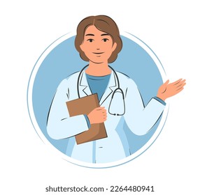 Doctor woman in white coat. Consultations and diagnostics. Friendly and caring medical worker. Vector illustration.