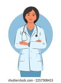 Doctor woman in white coat. Friendly and caring medical worker. Vector illustration.
