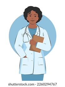 Doctor woman in white coat. Friendly and caring medical worker. Vector illustration.
