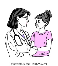 Doctor woman in a white coat is talking to a young girl. The girl is wearing a pink shirt. hand drawn sketch style outline illustration isolated on white background