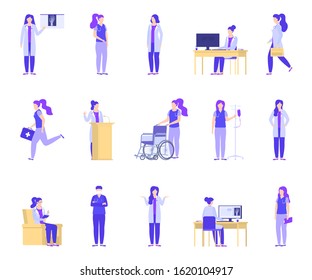 Doctor woman working in medical clinic vector illustration isolated set. Female doctor with dropper, wheelchair, first aid kit, stethoscope. Doctor makes diagnosis, treats, takes healthcare.