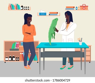 Médicas con iguana en el consultorio médico. Ilustración de cuidados veterinarios. Veterinaria sosteniendo un gran lagarto verde en las manos. Visita a la clínica veterinaria para comprobar la salud del reptil animal