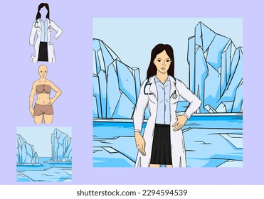 doctor women on Antarctica. Antarctica and doctor woman illustration