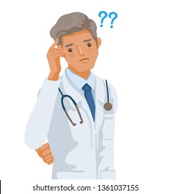 Doctor wonder. thinking of something. Successful charming man character have a question. Question mark and manager. Business concept illustration.