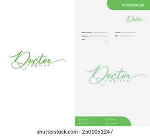 Diseño de logotipo de marca de palabras del médico con un estetoscopio y presentación de Plantilla de receta médica. Diseño de logotipo de texto médico. arte de logotipo de atención médica. Fuente escrita a mano