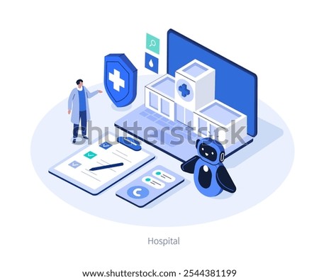 Doctor work with artificial intelligence for diagnosis, treatment. Ai medical technology, healthcare innovation concept. Flat isometric vector illustration.