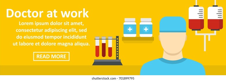 Doctor at work banner horizontal concept. Flat illustration of doctor at work banner horizontal vector concept for web