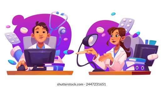 Doctor at work desk with computer. Cartoon vector illustration set of man and woman medical professional character in white clothes sitting at table with pc screen and documents in clinic office.