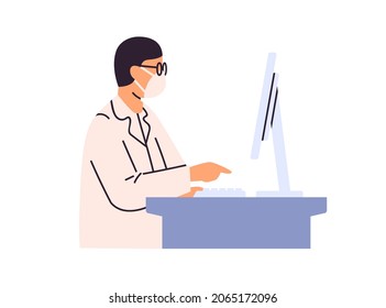 Doctor work at desk with desktop computer in hospital office. Physician in medical mask using PC at table. Modern scientist use technologies. Flat vector illustration isolated on white background